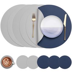 a set of six placemats with silverware and plates on them next to a cup of coffee