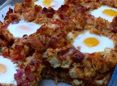 an egg and hash browns breakfast casserole is shown