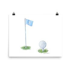 a painting of a golf ball and flag on the green with grass in front of it