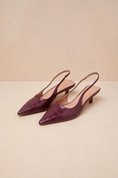 The Lulus Boden Burgundy Croc-Embossed Kitten Heel Slingback Pumps are ready to add some pep to your step and an air of sophistication to your 'fit! These cute and versatile pumps have a crocodile-embossed, faux leather construction that shapes a pointed-toe upper and a low-cut collar that flows into a slingback strap (with a bit of elastic at the instep). A chic, kitten-style heel completes the sleek look! Available in whole sizes only. 2" wrapped spool heel. Cushioned insole. Rubber sole has n Slingback Kitten Heels, Spool Heel, Slingback Heels, Slingback Pump, Kitten Heel, Sleek Look, Low Cut, Shopping Cart, Rubber Sole