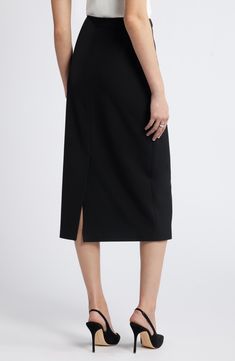 The smooth, stretchy fabric of this streamlined pencil skirt lets you effortlessly transition from desk to dinner. Lined 68% polyester, 28% viscose, 4% spandex Dry clean Imported Sleek Midi Skirt, Sleek Knee-length Lined Skirt, Sleek Evening Midi Pencil Skirt, Sleek Pencil Skirt For Night Out, Evening Midi Skirt In Elastane, Formal Midi Pencil Skirt, Sleek Pencil Skirt With Lining For Night Out, Sleek Pencil Skirt Lined For Night Out, Sleek Lined Pencil Skirt For Night Out