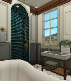 a bathroom with a tub, sink and large window in it's center area