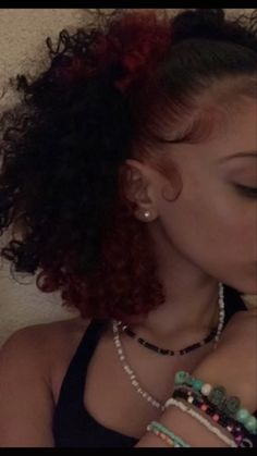 Ideas For Hair Dye, Back Of The Hair Dyed, Brown Hair With Red Skunk Stripe, Red Highlights On Natural Hair, Red Highlights On Dark Curly Hair, Dyed Natural Hairstyles, Blonde In The Back Of Hair, Black And Red Hair Peekaboo Highlights Underneath, Peakaboo Dye Curly Hair