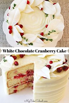 a white chocolate cranberry cake is cut in half