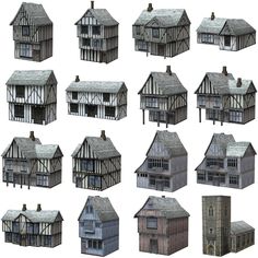 an image of many old houses in different styles and sizes on white background with clippings