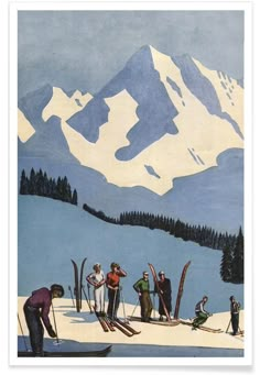 a painting of people on skis and snowboards in front of a snowy mountain