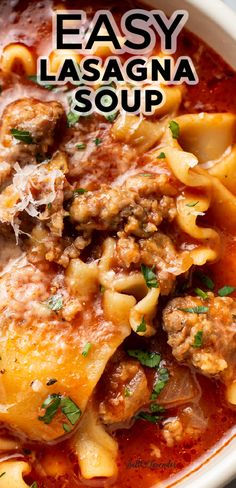 an easy lasagna soup recipe in a white bowl