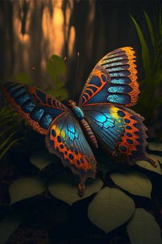 a blue and orange butterfly sitting on top of green leaves