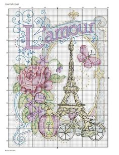 a cross stitch pattern with the eiffel tower and flowers on it's side