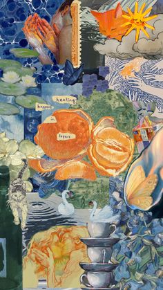 an artistic collage with water lilies, flowers and other things in the background