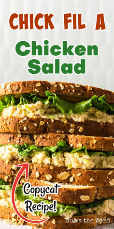 the chicken salad is stacked on top of bread