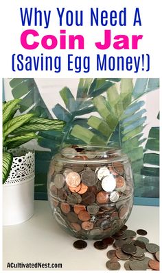 a jar filled with coins sitting on top of a table next to a potted plant