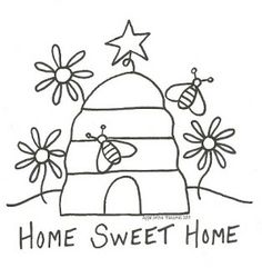 a black and white drawing of a house with bees on it's roof that says home sweet home