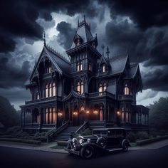 an old fashioned car parked in front of a creepy house