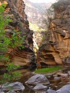 a river flowing through a canyon surrounded by rocks and greenery in the foreground