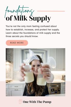 a woman holding up two cups with milk in it and the words, foundation of milk supply