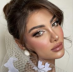 a close up of a woman wearing a veil and eyeliner with her hair in a bun