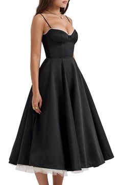 HOUSE OF CB Mademoiselle Bustier Stretch Satin Midi Dress | Nordstrom A-line Satin Corset Dress With Boned Bodice, Satin A-line Corset Dress With Corset Back, Elegant Satin Dress With Boned Bodice For Evening, Satin A-line Corset Dress With Boned Bodice, Satin A-line Corset Dress For Cocktail, Elegant Taffeta Corset Dress With Sweetheart Neckline, Elegant Satin Finish Corset Dress For Prom, Elegant Taffeta Corset Dress For Prom, A-line Corset Dress With Boned Bodice For Gala