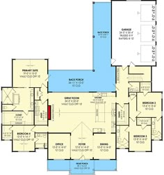 the first floor plan for a home with two master suites and an attached pool area