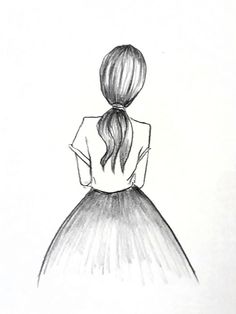 a drawing of a woman with long hair in a dress looking down at the ground