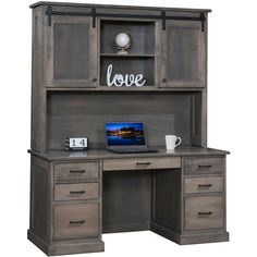 a desk with drawers and a laptop computer on it, in front of a white background