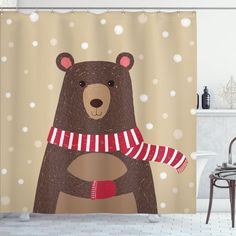 a shower curtain with a brown bear wearing a red and white scarf on it's neck