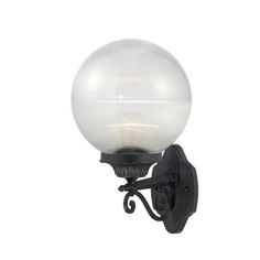 an outdoor light with a glass ball on the front and back of it's arm