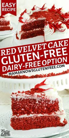 a red velvet cake with white frosting on top and the words gluten - free dairy - free option