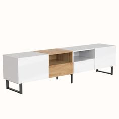 a white and wood entertainment center with black legs