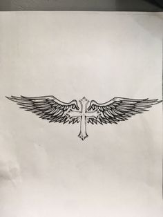 a drawing of a cross with wings on it