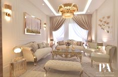 a living room filled with furniture and a chandelier