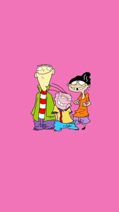 cartoon characters are standing in front of a pink background