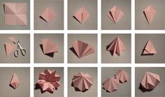 many different types of origami are arranged in squares and rectangles to form an origami flower