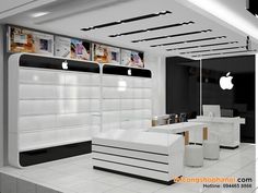 the interior of an apple store with white furniture