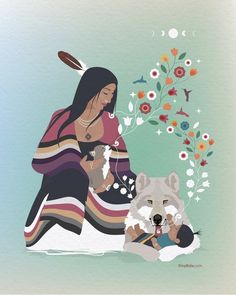 a native american woman sitting next to a white wolf and holding a cup with her hand