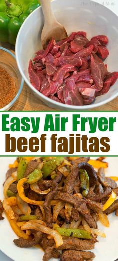 easy air fryer beef fajitas with peppers and jalapenos on the side