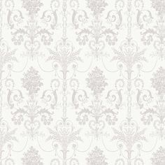 a white and grey wallpaper with floral designs