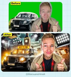 a man giving the thumbs up next to an image of a taxi and a car