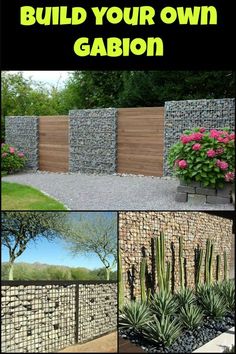 a series of photos showing how to build your own gabion fence in the garden