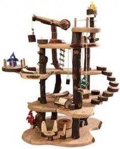 the cat tree is made out of wood and has many different types of furniture on it