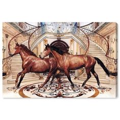 two horses are running in the middle of a room with spiral staircases and marble floors