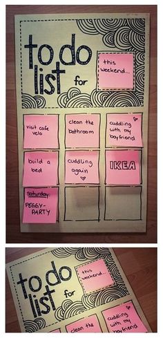 a bulletin board with pink sticky notes on it and the words to do list for