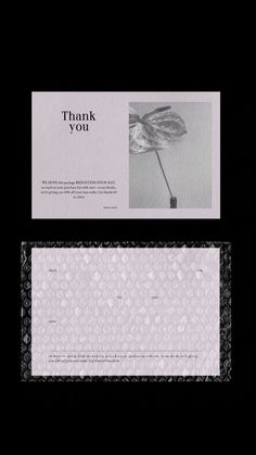 the back and side of a thank card with an image of a flower on it