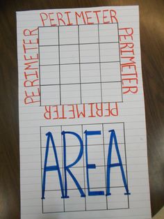 a piece of paper with the words area and perimeter written in red, blue, and orange