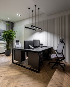 an office with a desk, chair and plant in the corner by the window is empty