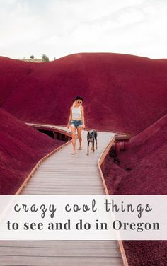 a woman and her dog walking down a wooden walkway in the middle of red hills