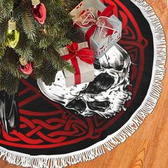 a christmas tree skirt with a skull on it