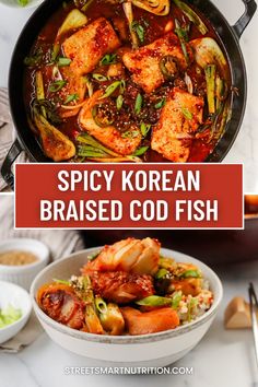 spicy korean braised fish with vegetables in a skillet and on the table next to other dishes