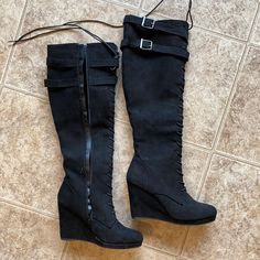 Never Worn Black Size 8 Lace Up Wedge Knee Length Boots Y2k Knee High Boots, 2000s Boots, Black Boots Knee High, Wedged Boots, Knee High Wedge Boots, Fit Board, Knee Length Boots, Doll Wardrobe, Black Knee High Boots