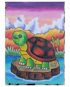 a painting of a turtle sitting on top of a piece of wood